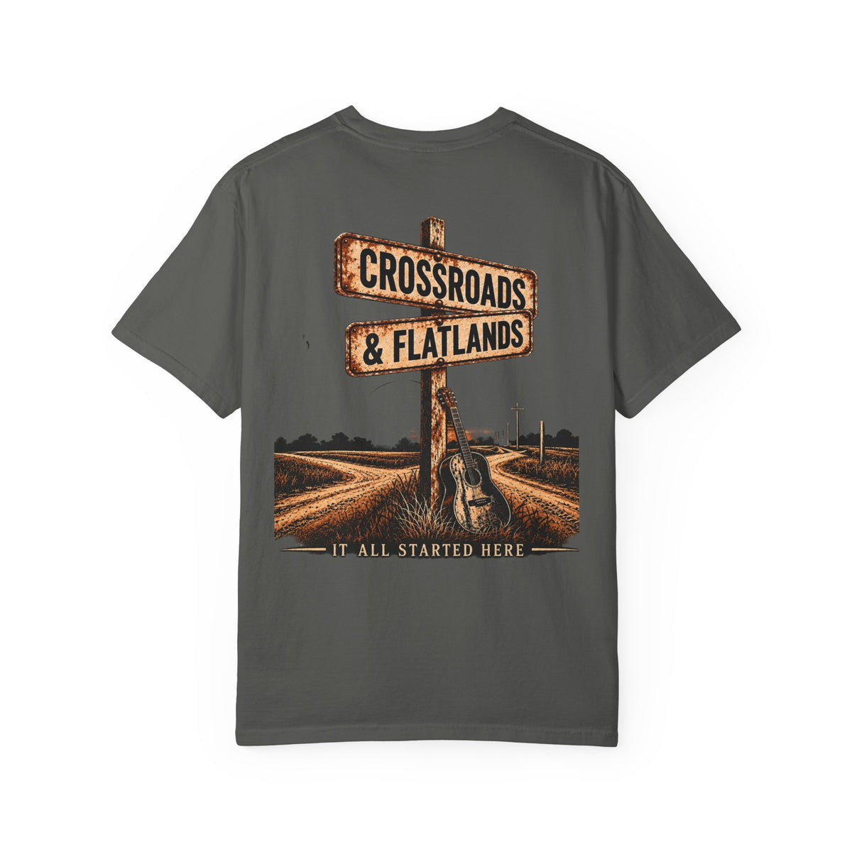 Crossroads & Flatlands Guitar Tee — “It All Started Here” T‑Shirt
