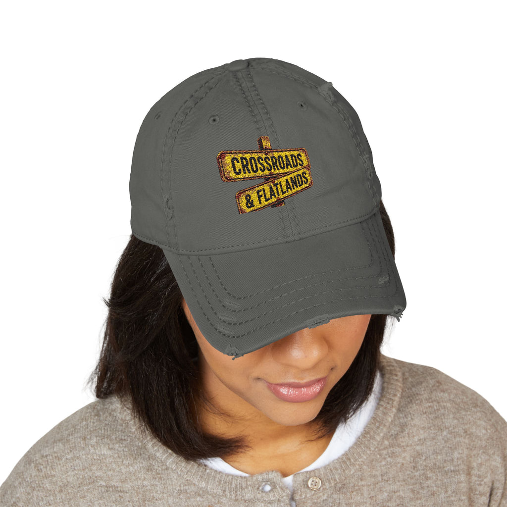 Distressed Dad Hat — Embroidered “Crossroads & Flatlands” Sign with “It All Started Here” Back