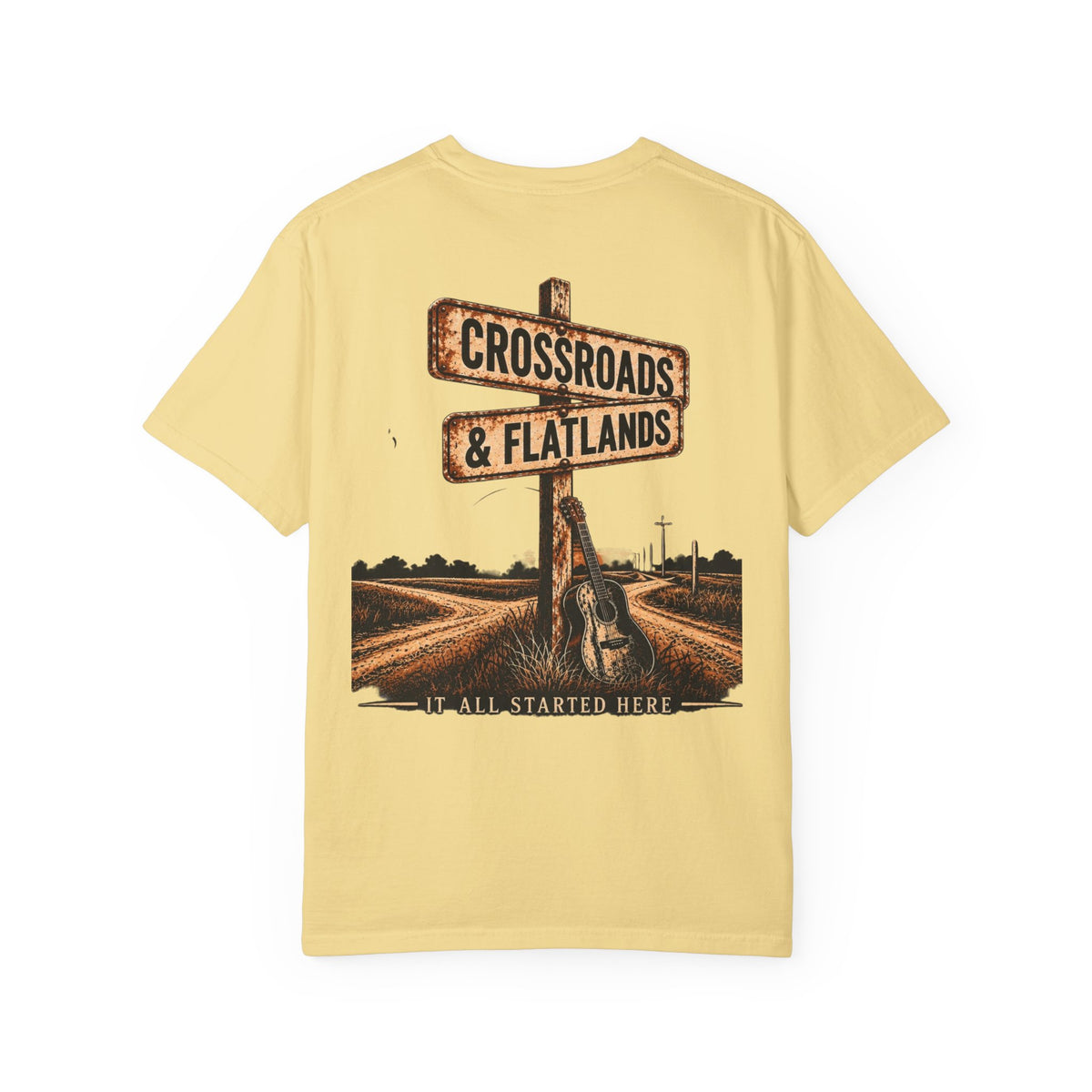 Crossroads & Flatlands Guitar Tee — “It All Started Here” T‑Shirt